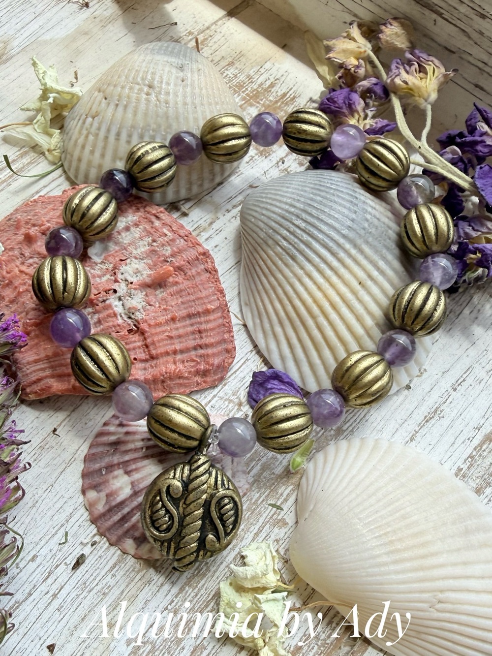 BOHO VINTAGE + AMETHYST & OLD Gold Bead Stretch Bracelet